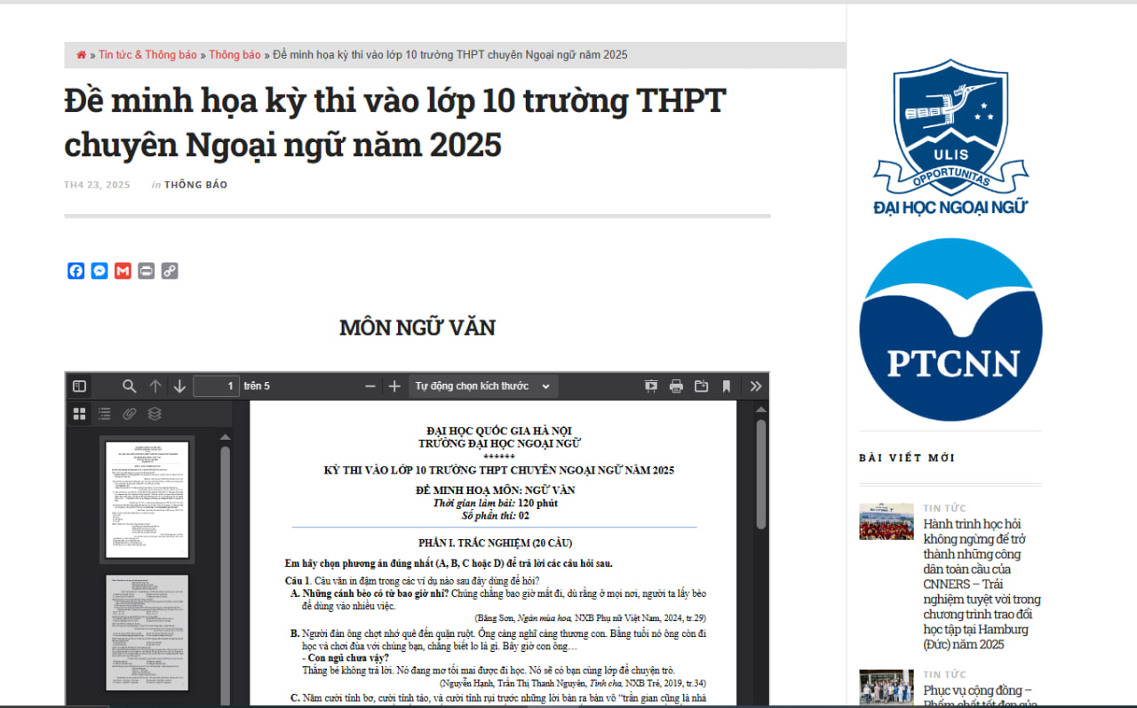 Đề minh hoạ kỳ thi vào lớp 10 trường THPT Chuyên Ngoại Ngữ năm 2025