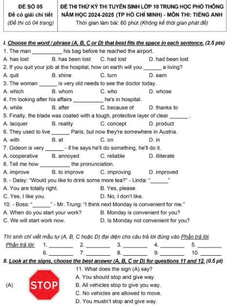 Đề thi thử tiếng anh vào lớp 10 lần 5 năm 2024 - 2025